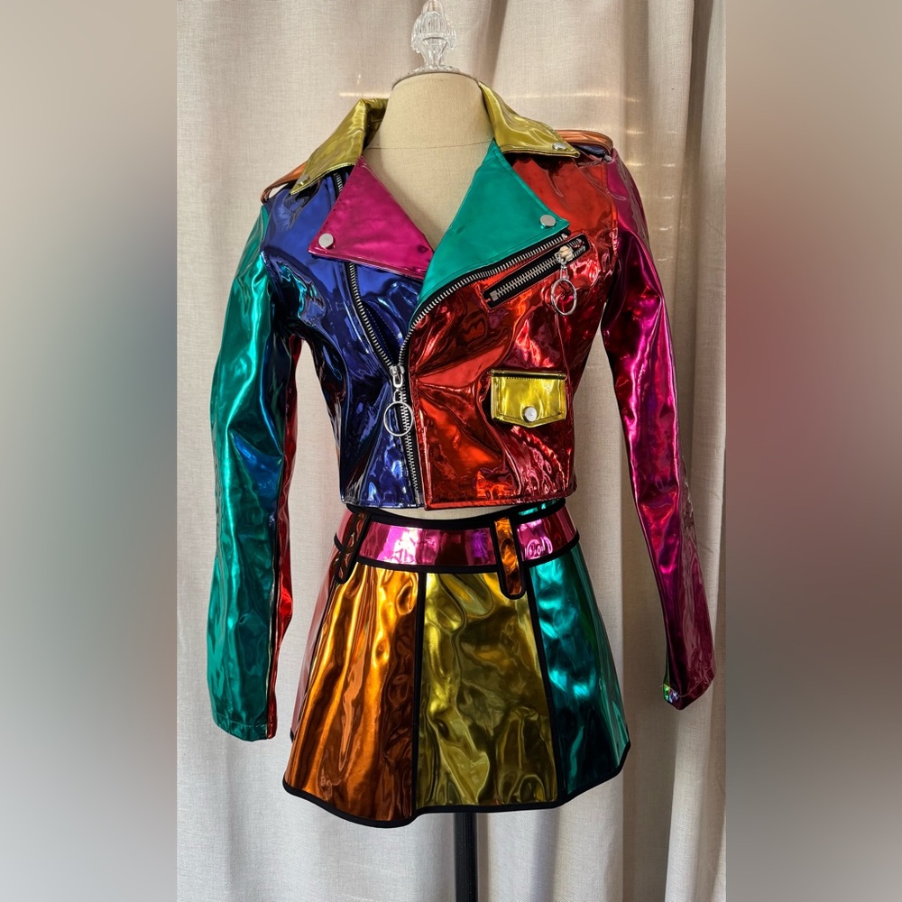 NWOT Club Exx by Dolls Kill Mirrored Color Block Moto Jacket, Sz M& Skirt Sz S - Picture 1 of 16